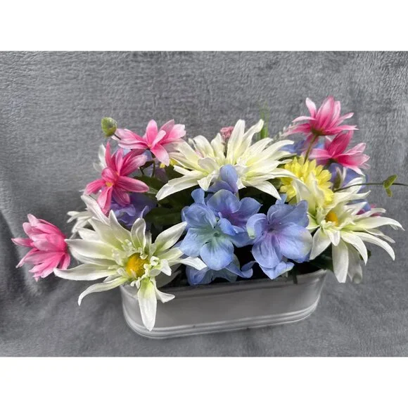 Artificial Floral Arrangement In White Metal Planter Pink Yellow Blue & White - Picture 3 of 5
